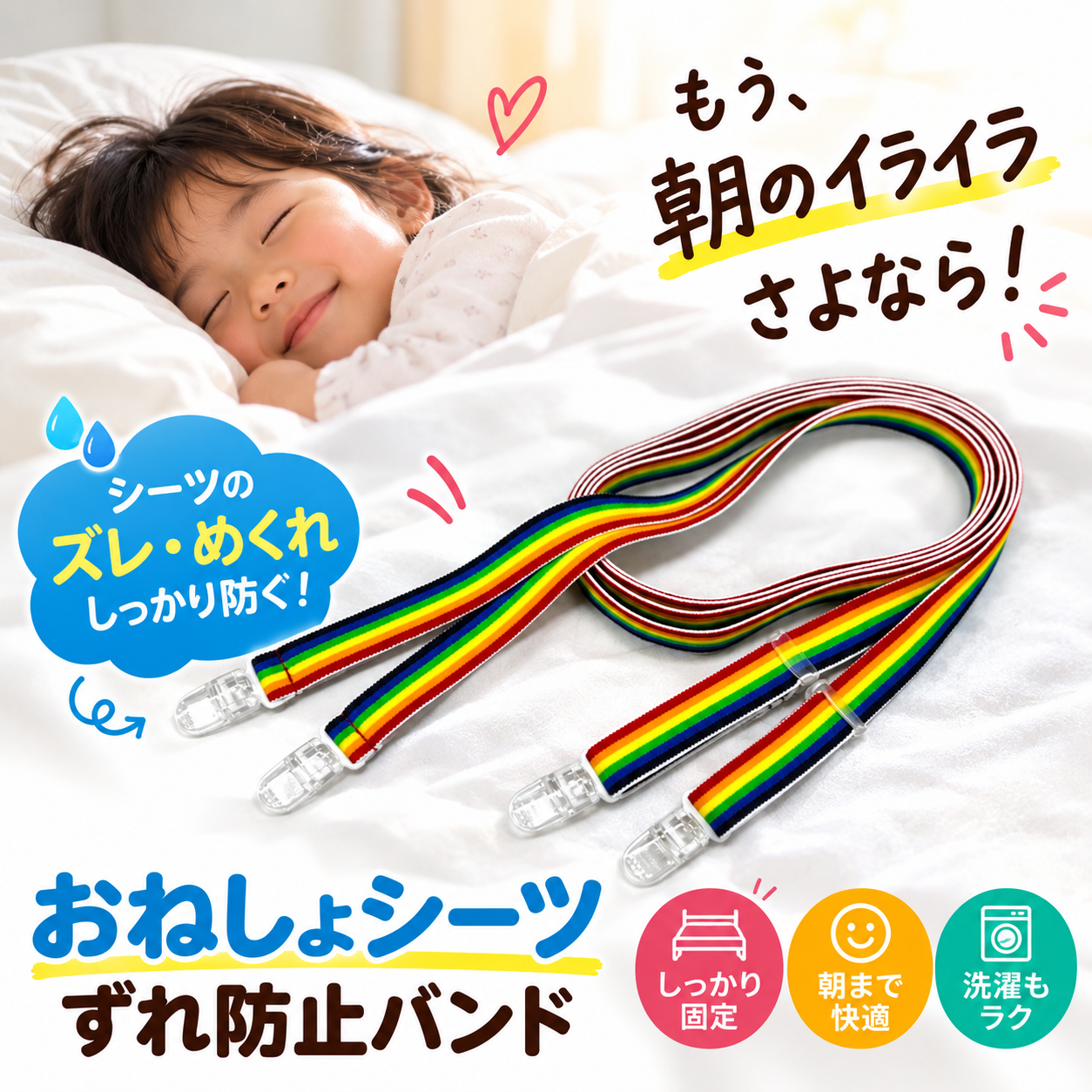 【9/3新発売】シーツズレンジャー　～おねしょシーツずれ防止バンド 2本セット～（現在予約受付中）